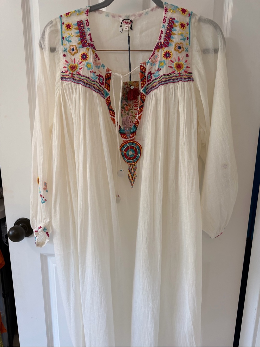 Johnny Was white Midi Dress with Multicolor Floral Embroidery and Beaded Pendant